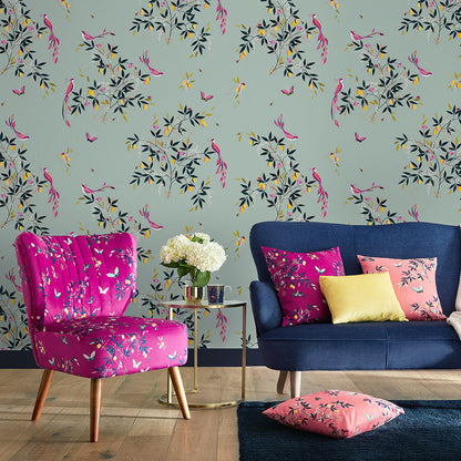 Bird and Trellis Wallpaper Duckegg