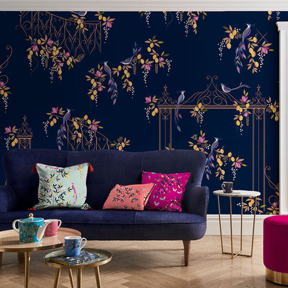 Bird and Gate Wallpaper Deep Navy