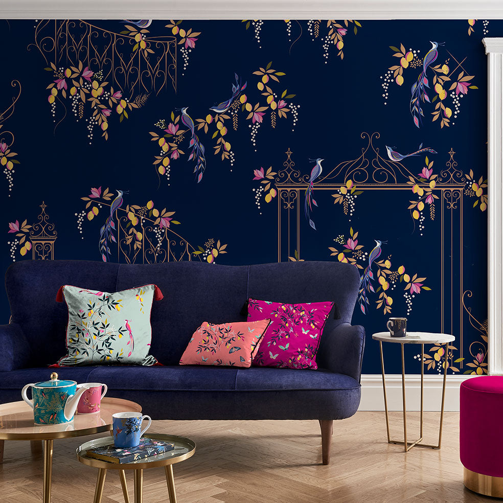 Bird and Gate Wallpaper Deep Navy