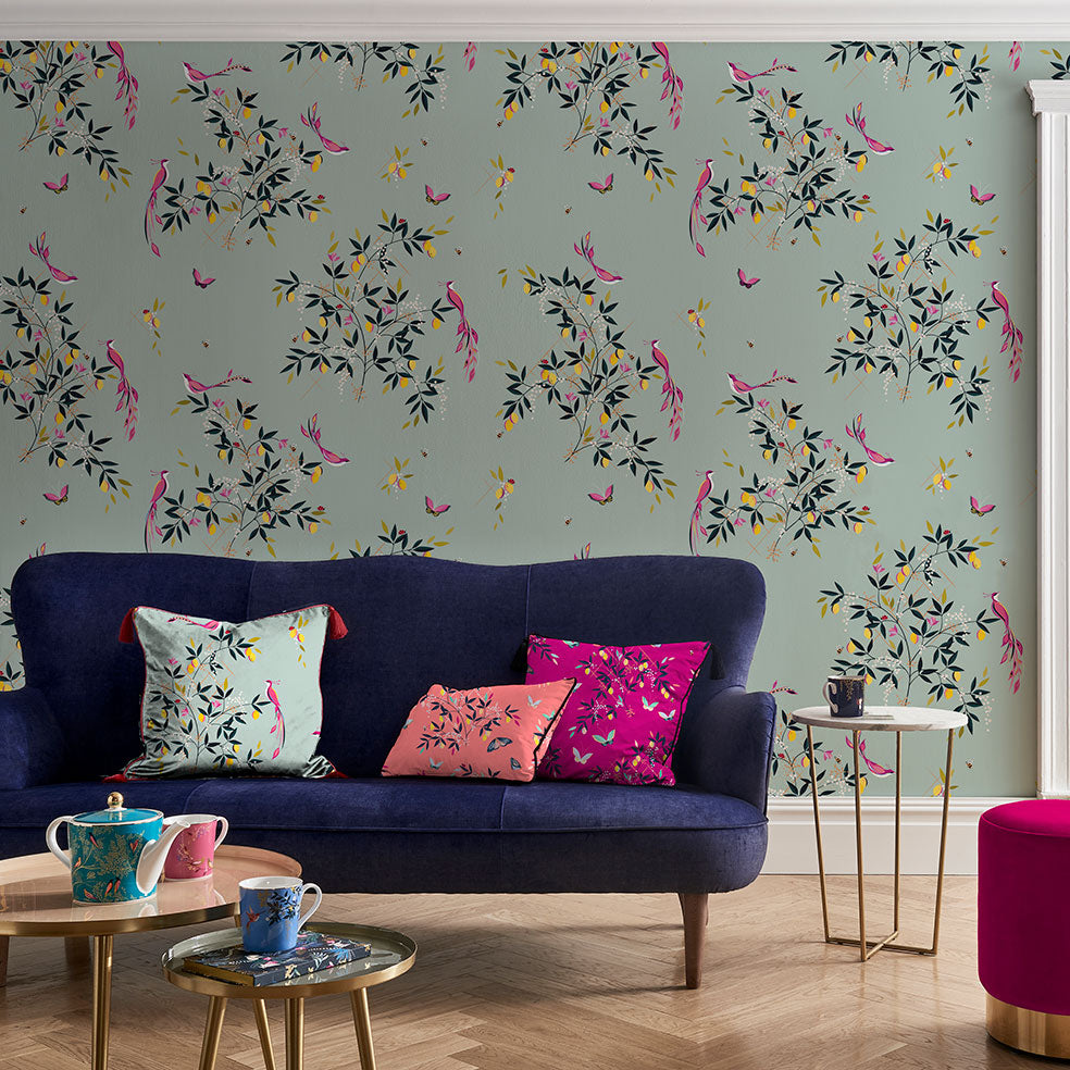 Bird and Trellis Wallpaper Duckegg